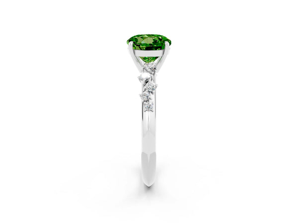 Platinum Round Cut Peridot Cluster Side Stone Solitaire Ring with Prong Setting