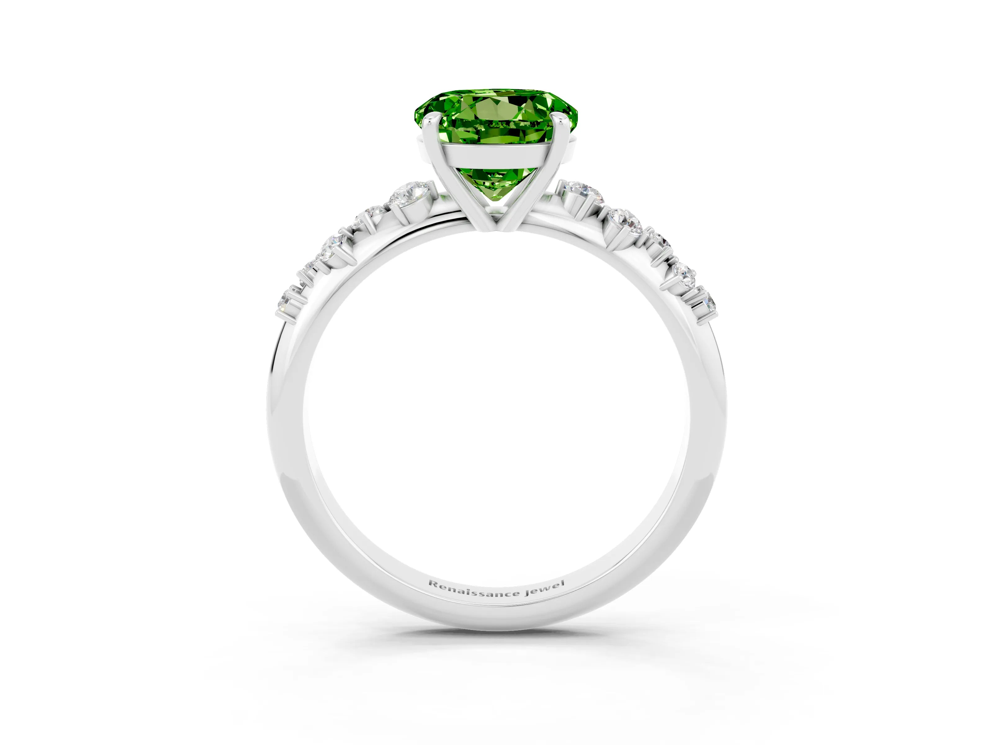 White gold Round Cut Peridot Cluster Side Stone Solitaire Ring with Prong Setting_27