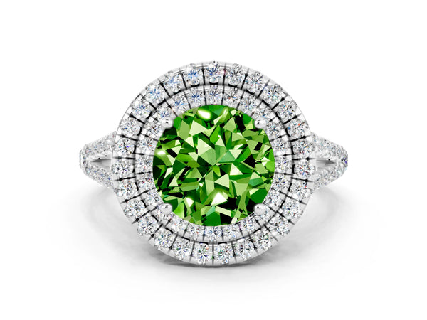 White gold Round Cut Peridot Double Halo Ring with Pavé Band and Prong Setting