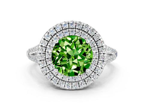 White gold Round Cut Peridot Double Halo Ring with Pavé Band and Prong Setting_12