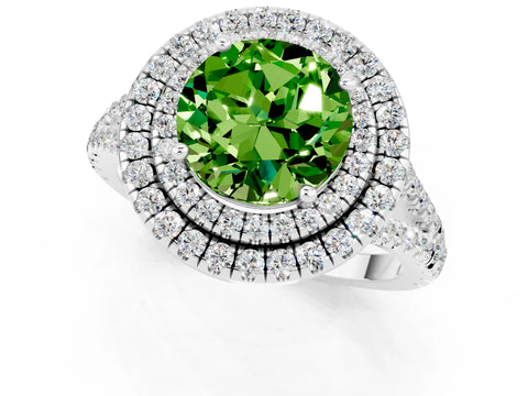 White gold Round Cut Peridot Double Halo Ring with Pavé Band and Prong Setting_13
