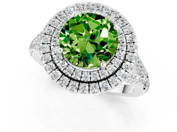 White gold Round Cut Peridot Double Halo Ring with Pavé Band and Prong Setting