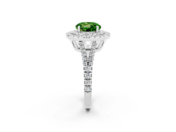 White gold Round Cut Peridot Double Halo Ring with Pavé Band and Prong Setting