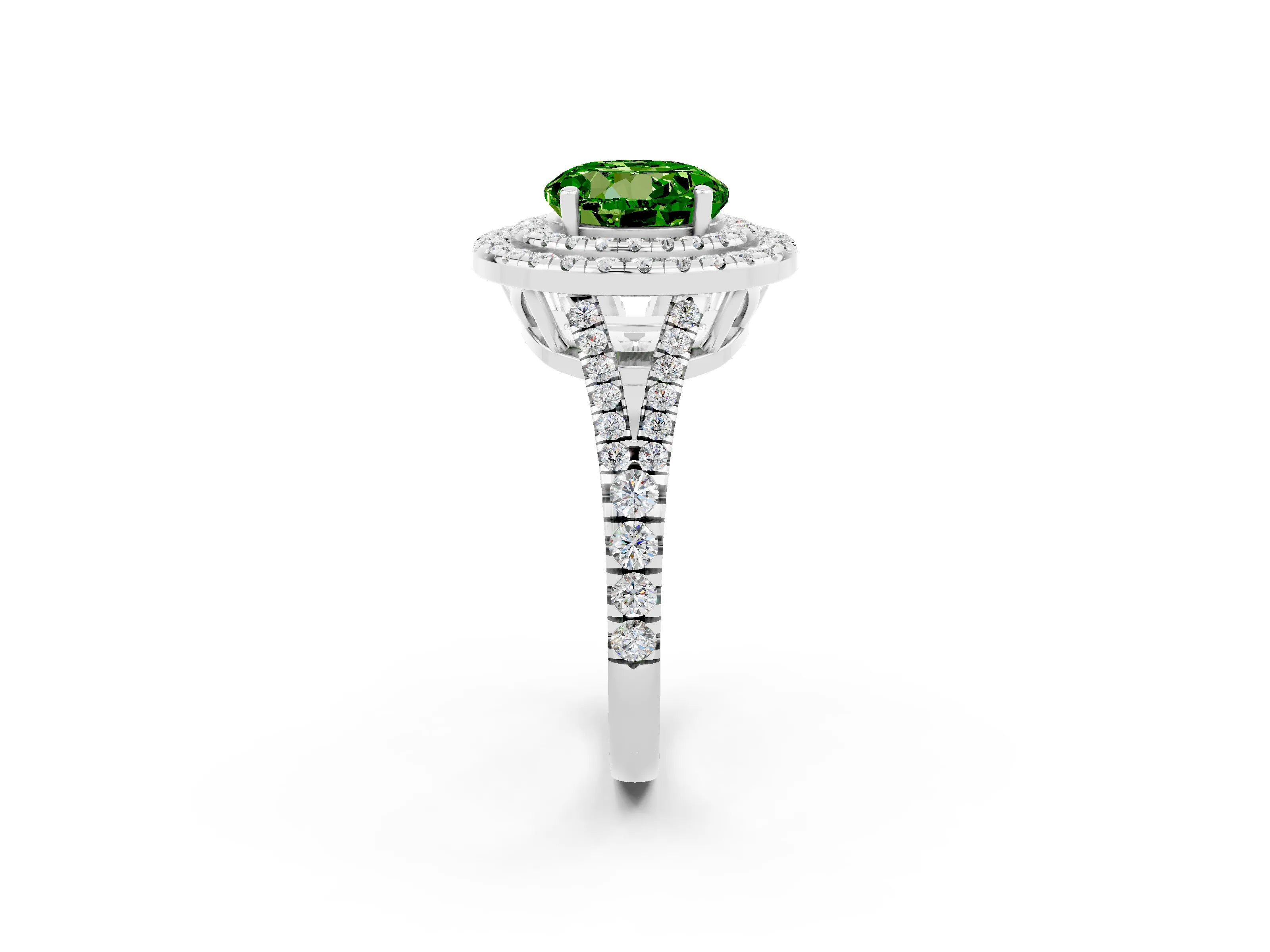 White gold Round Cut Peridot Double Halo Ring with Pavé Band and Prong Setting_14