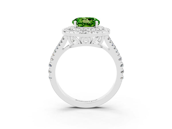 White gold Round Cut Peridot Double Halo Ring with Pavé Band and Prong Setting
