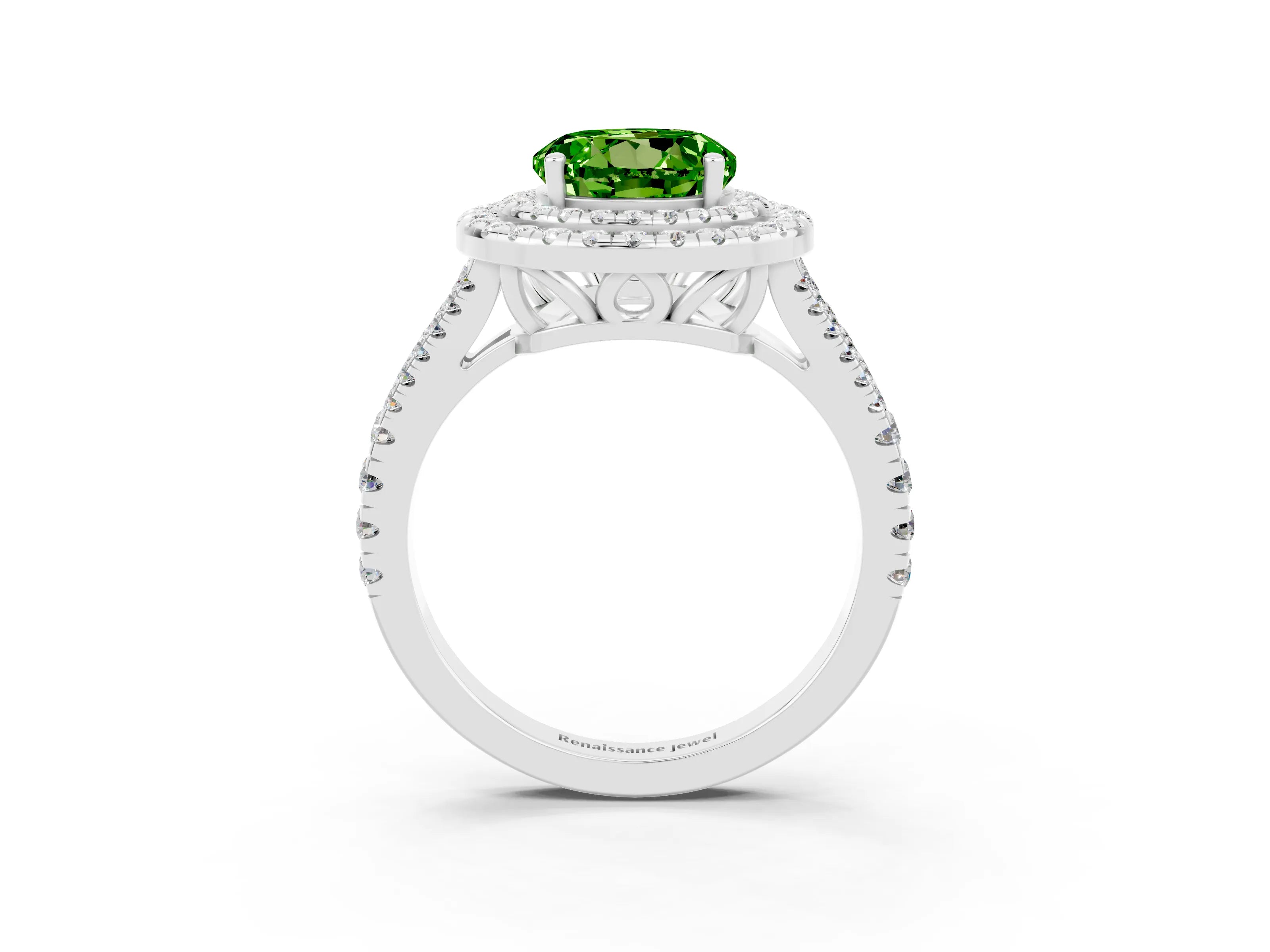 White gold Round Cut Peridot Double Halo Ring with Pavé Band and Prong Setting_15