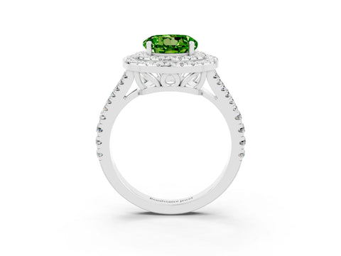 White gold Round Cut Peridot Double Halo Ring with Pavé Band and Prong Setting_15