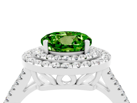 White gold Round Cut Peridot Double Halo Ring with Pavé Band and Prong Setting_16