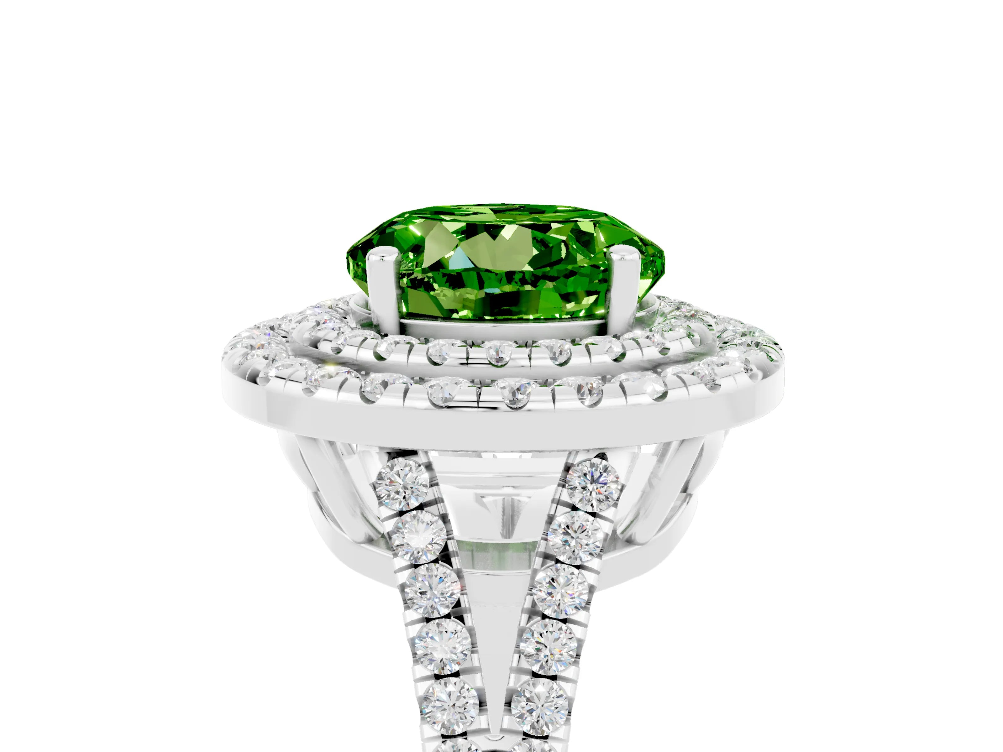 White gold Round Cut Peridot Double Halo Ring with Pavé Band and Prong Setting_17