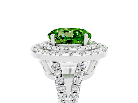 White gold Round Cut Peridot Double Halo Ring with Pavé Band and Prong Setting_17