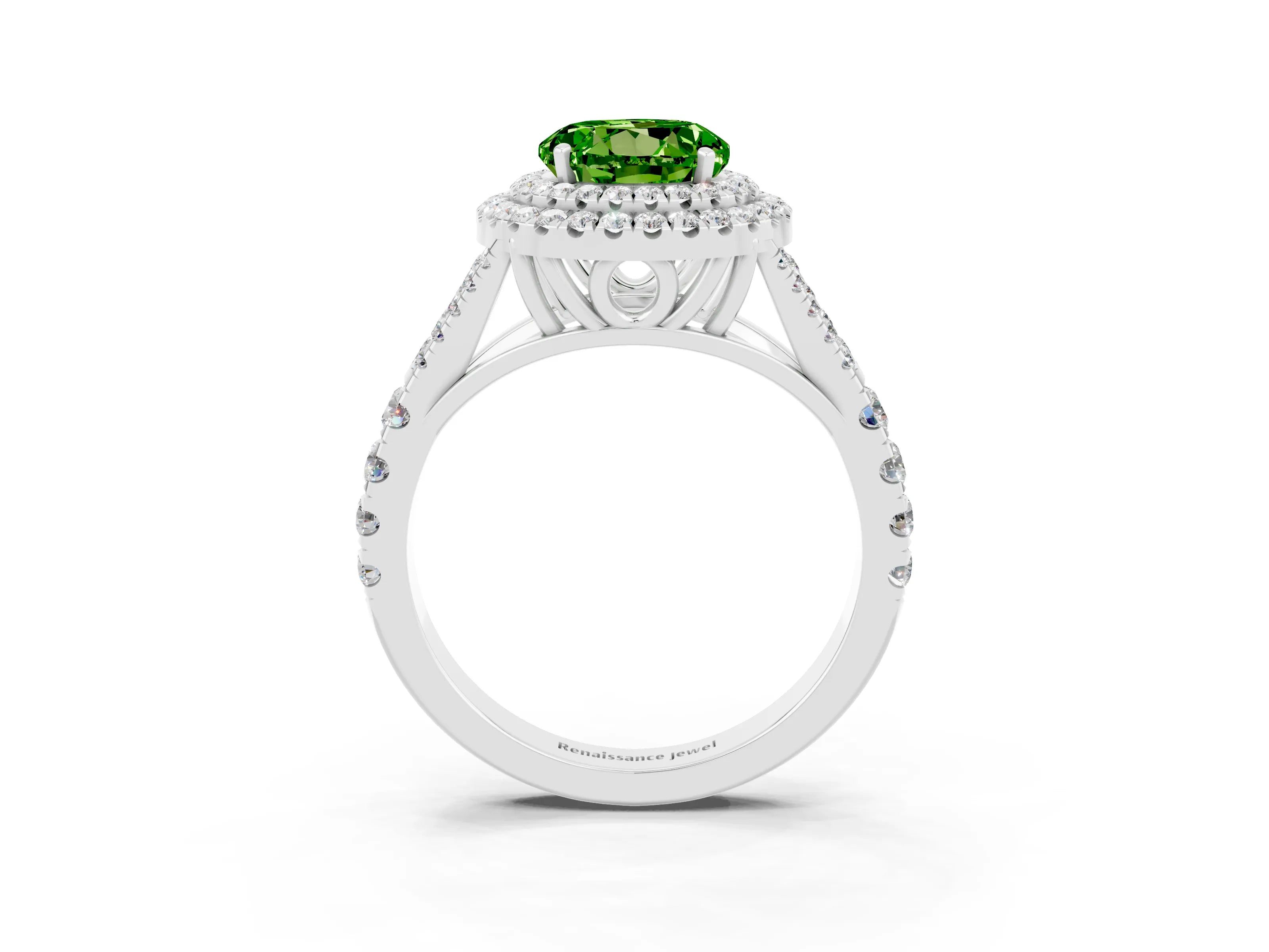 White gold Round Cut Peridot Double Halo Ring with Split Shank and Prong Setting_15