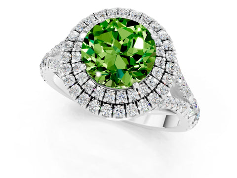 White gold Round Cut Peridot Double Halo Ring with Split Shank and Prong Setting_19