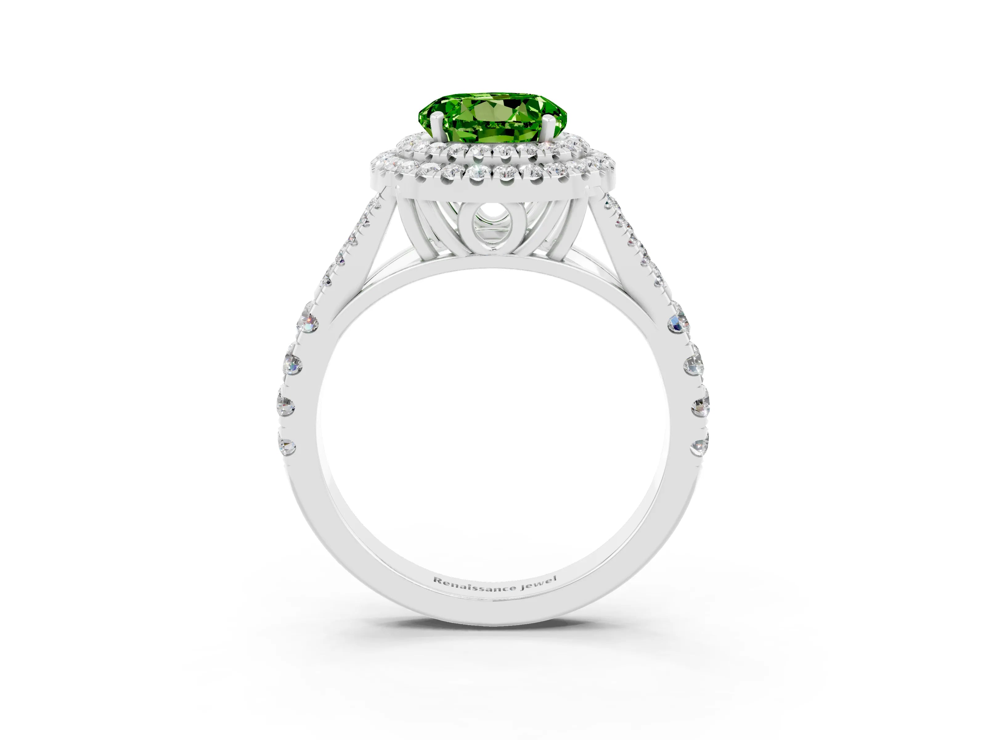 White gold Round Cut Peridot Double Halo Ring with Split Shank and Prong Setting_21