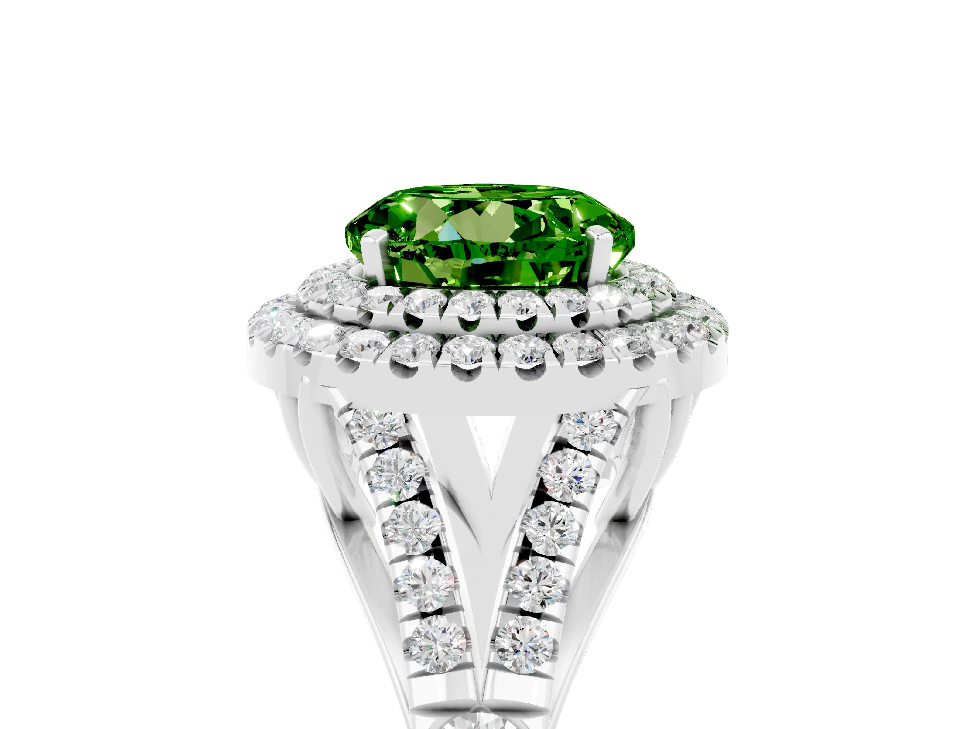 White gold Round Cut Peridot Double Halo Ring with Split Shank and Prong Setting_23