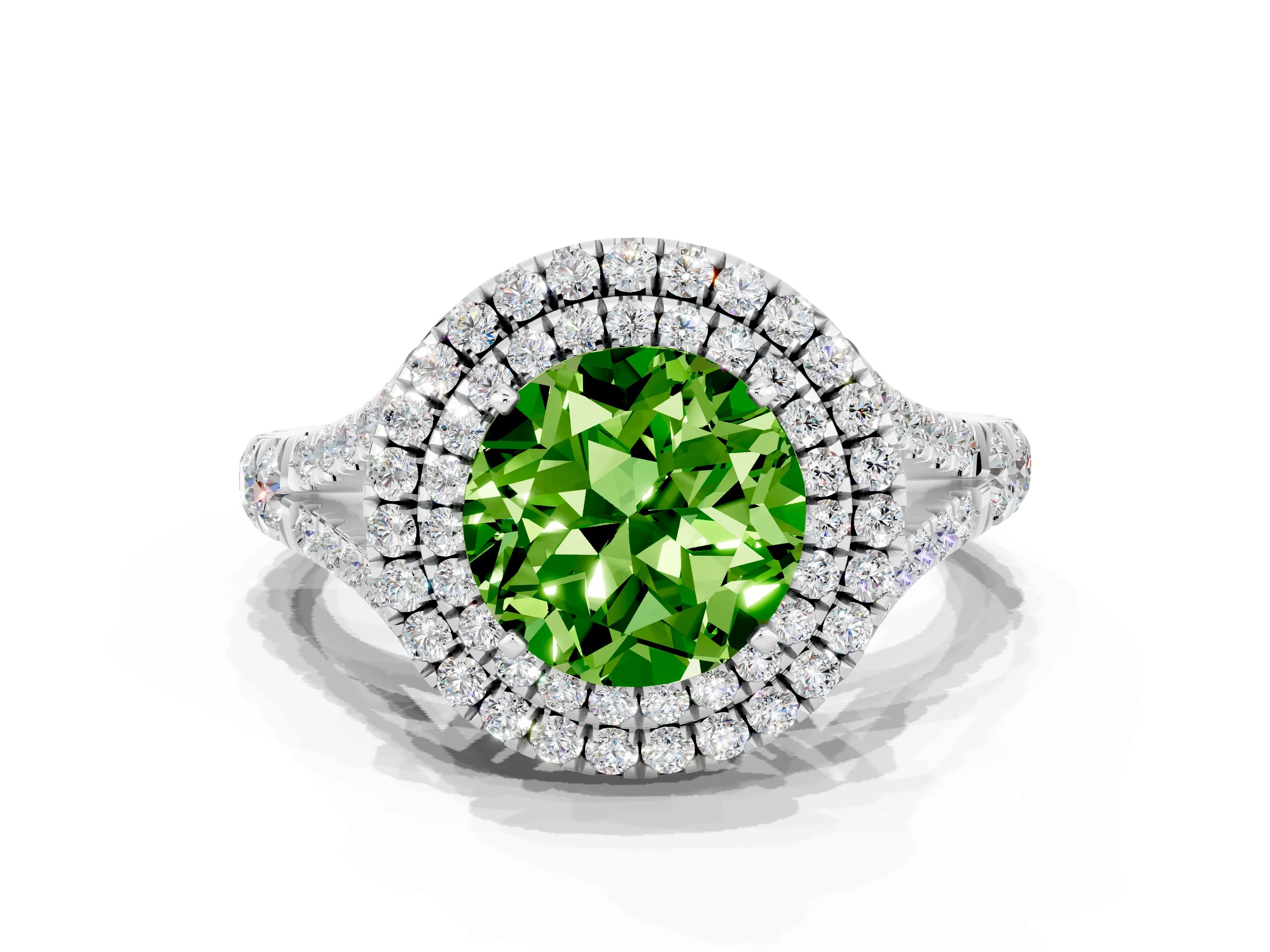 White gold Round Cut Peridot Double Halo Ring with Split Shank and Prong Setting_24