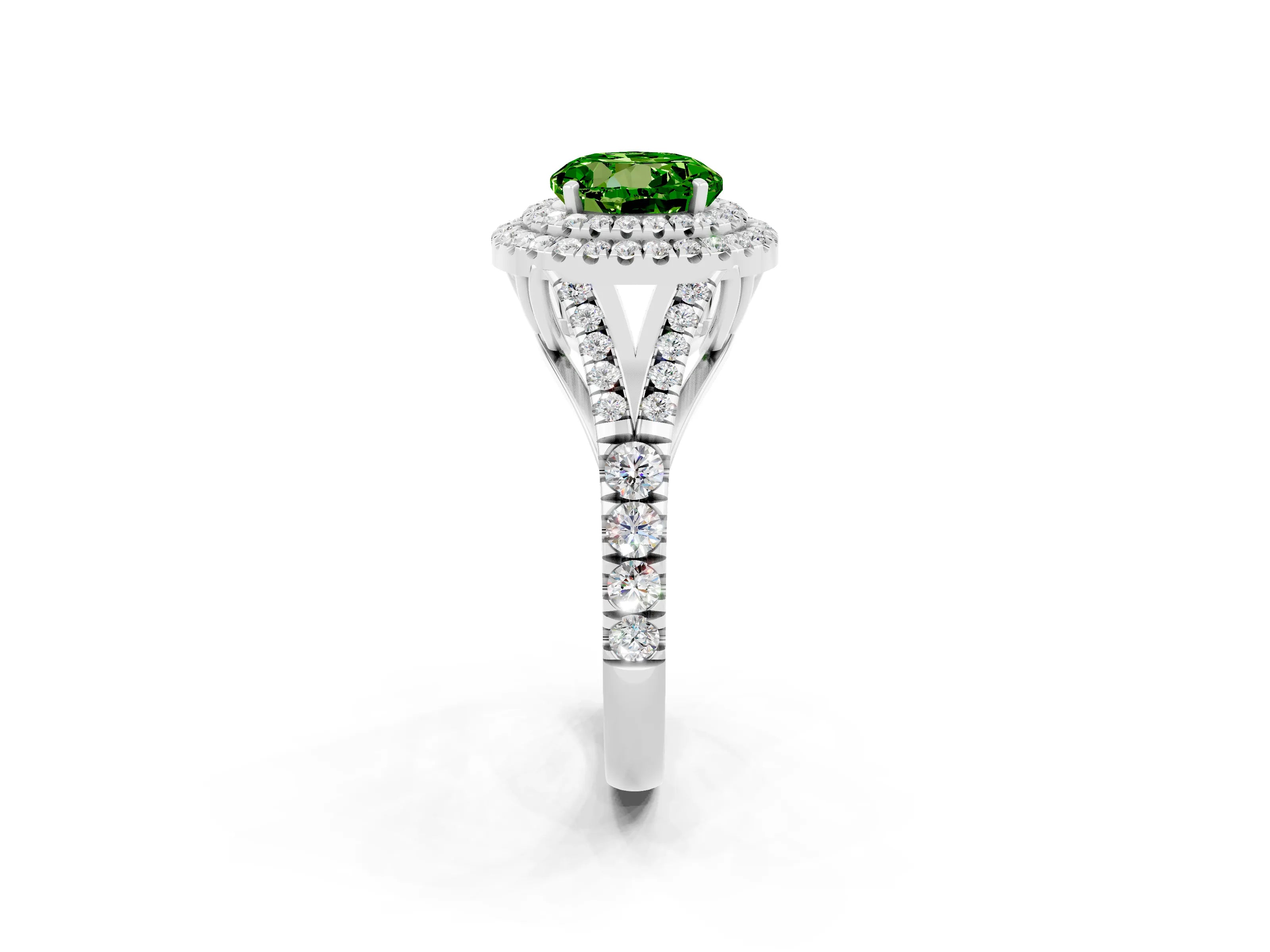 White gold Round Cut Peridot Double Halo Ring with Split Shank and Prong Setting_26
