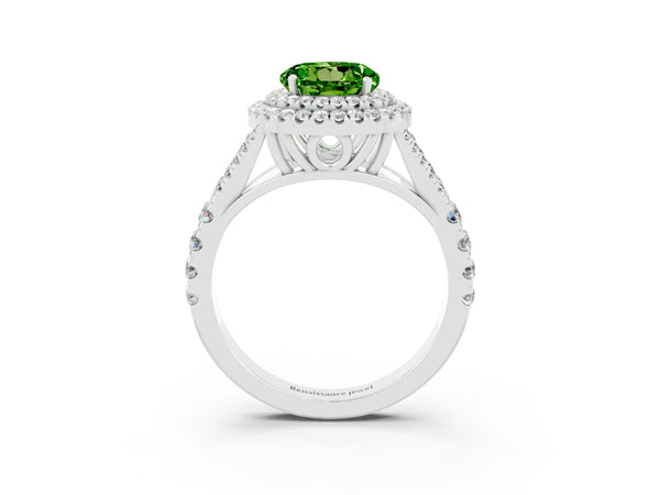 White gold Round Cut Peridot Double Halo Ring with Split Shank and Prong Setting
