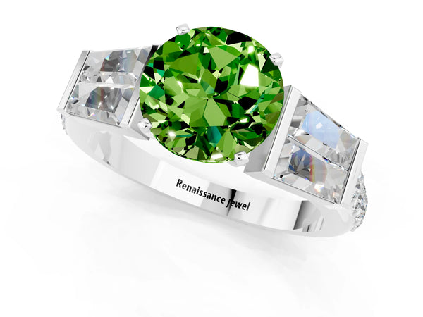 Platinum Round Cut Peridot Engagement Ring with Baguette Side Stones and Channel Set Band