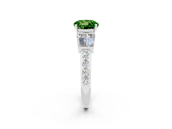 Platinum Round Cut Peridot Engagement Ring with Baguette Side Stones and Channel Set Band
