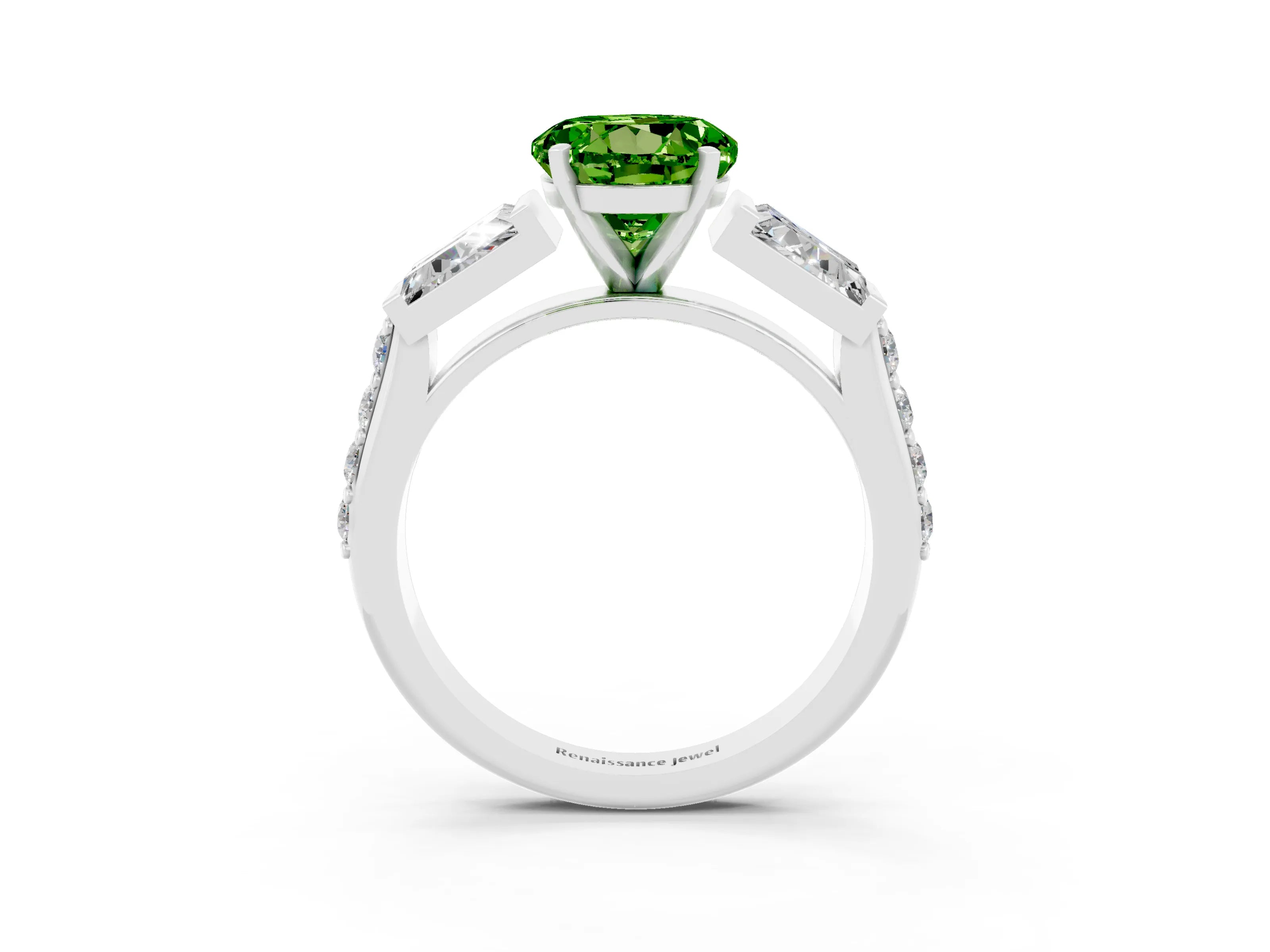 White gold Round Cut Peridot Engagement Ring with Baguette Side Stones and Channel Set Band_3