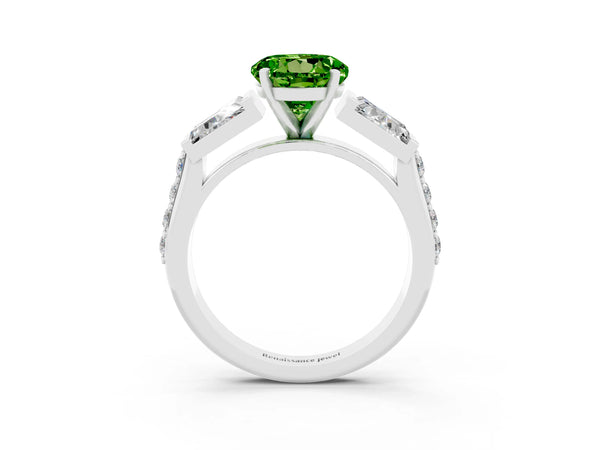 White gold Round Cut Peridot Engagement Ring with Baguette Side Stones and Channel Set Band
