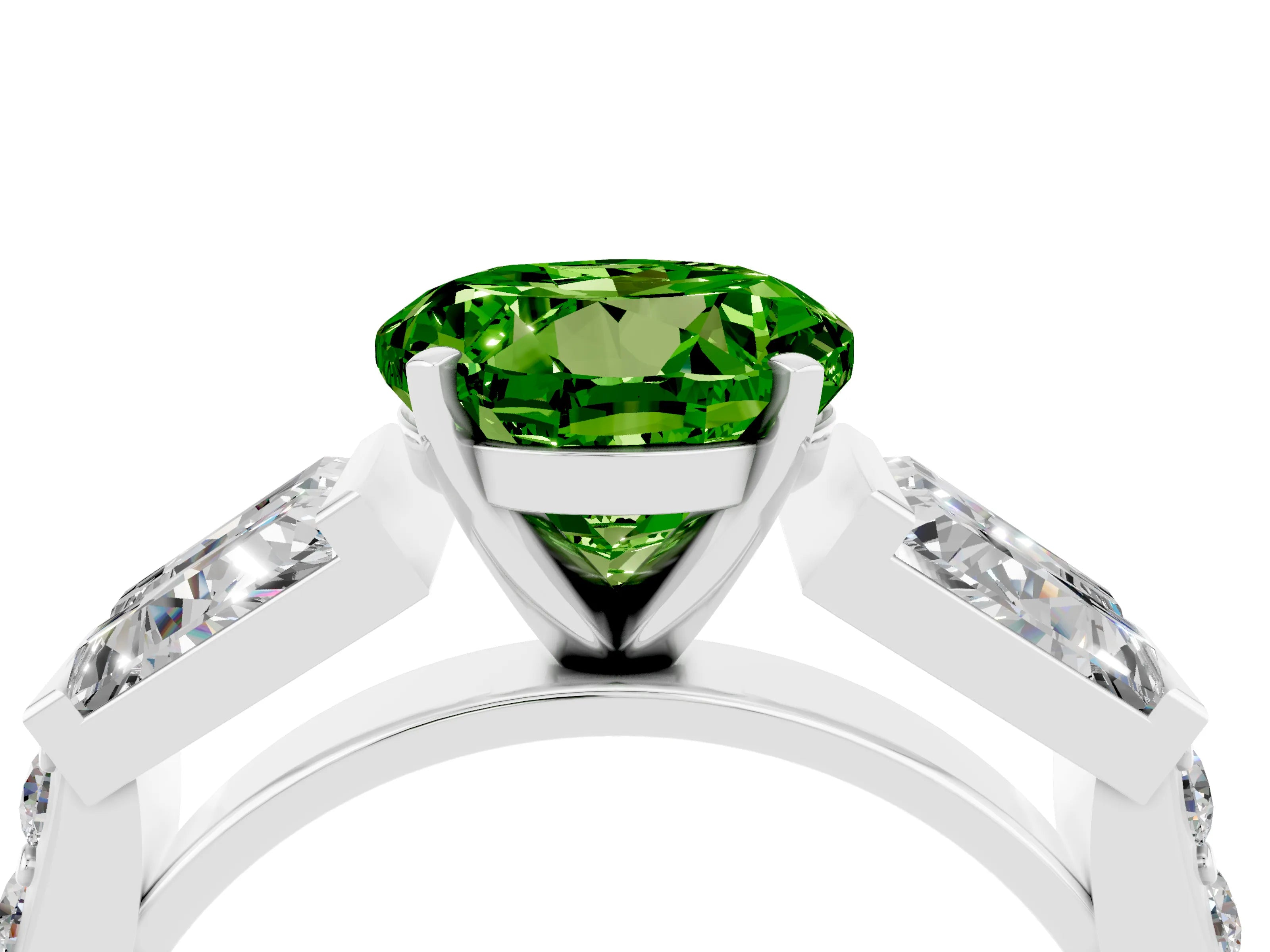 White gold Round Cut Peridot Engagement Ring with Baguette Side Stones and Channel Set Band_4