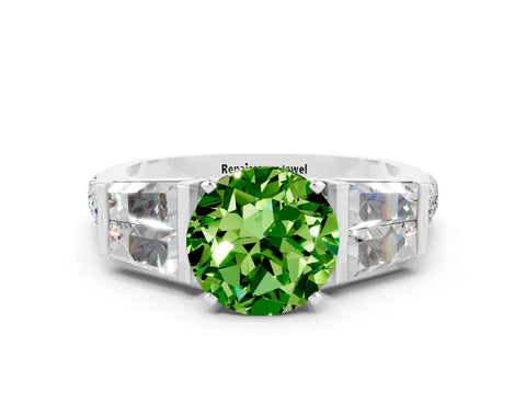 White gold Round Cut Peridot Engagement Ring with Baguette Side Stones and Channel Set Band