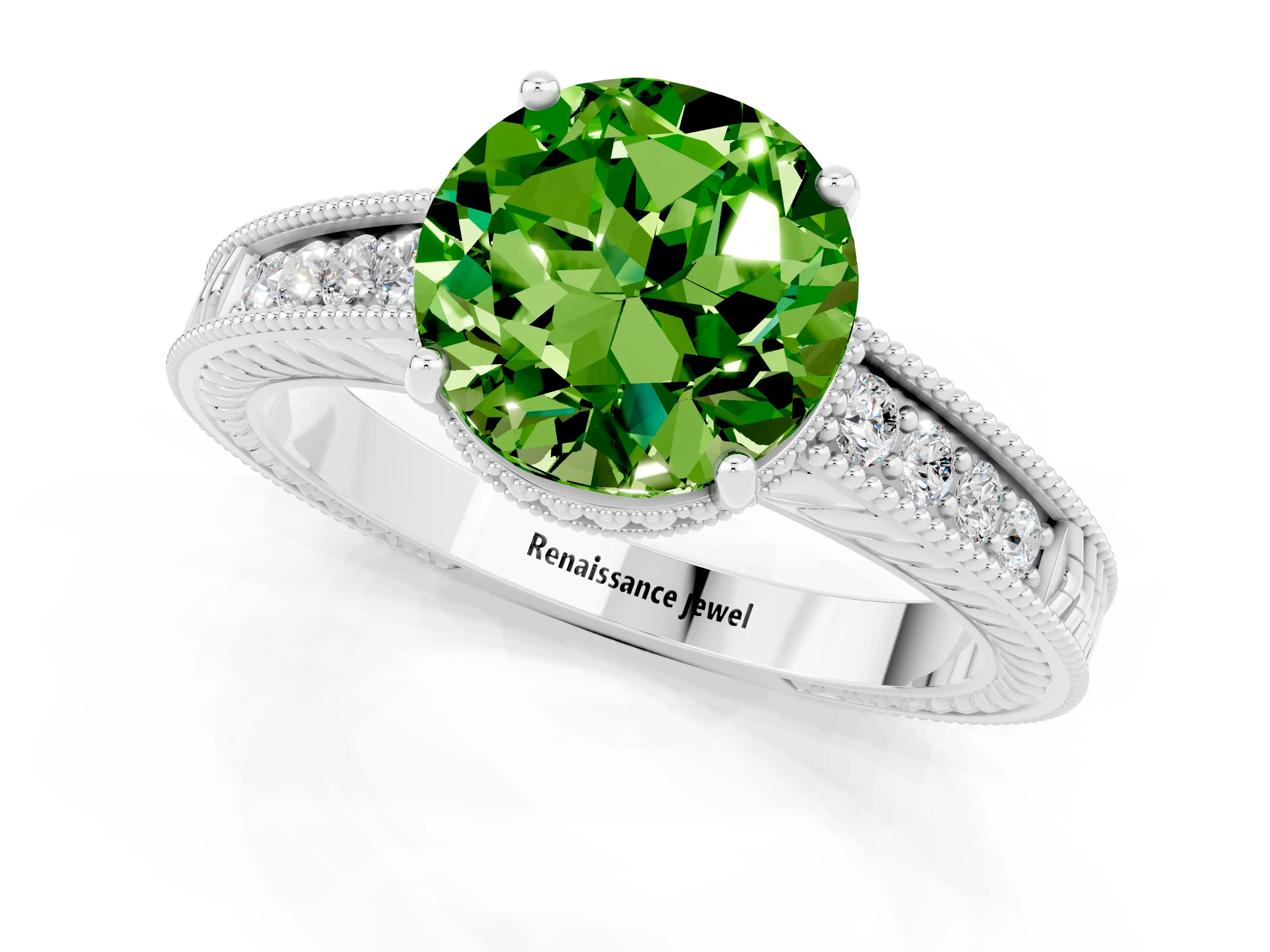 White gold Round Cut Peridot Engagement Ring with Milgrain Channel Set Band and Prong Setting_1
