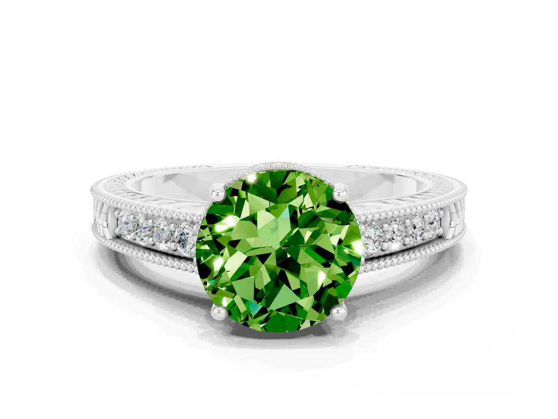White gold Round Cut Peridot Engagement Ring with Milgrain Channel Set Band and Prong Setting