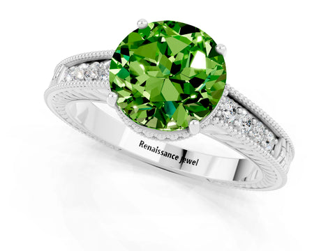 White gold Round Cut Peridot Engagement Ring with Milgrain Channel Set Band and Prong Setting_1