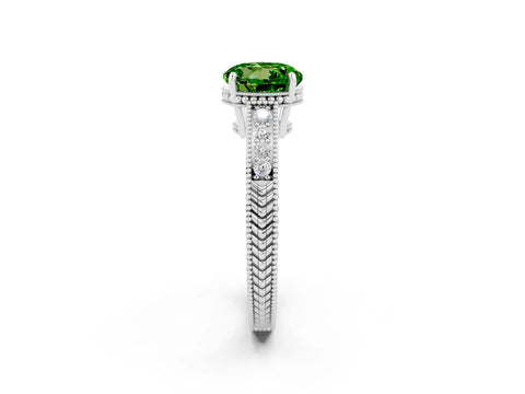 White gold Round Cut Peridot Engagement Ring with Milgrain Channel Set Band and Prong Setting_2
