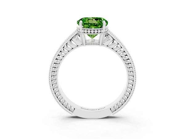 Platinum Round Cut Peridot Engagement Ring with Milgrain Channel Set Band and Prong Setting