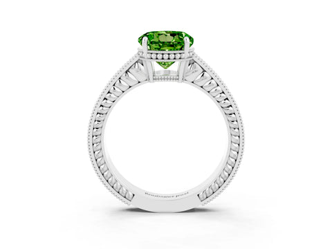 White gold Round Cut Peridot Engagement Ring with Milgrain Channel Set Band and Prong Setting_3
