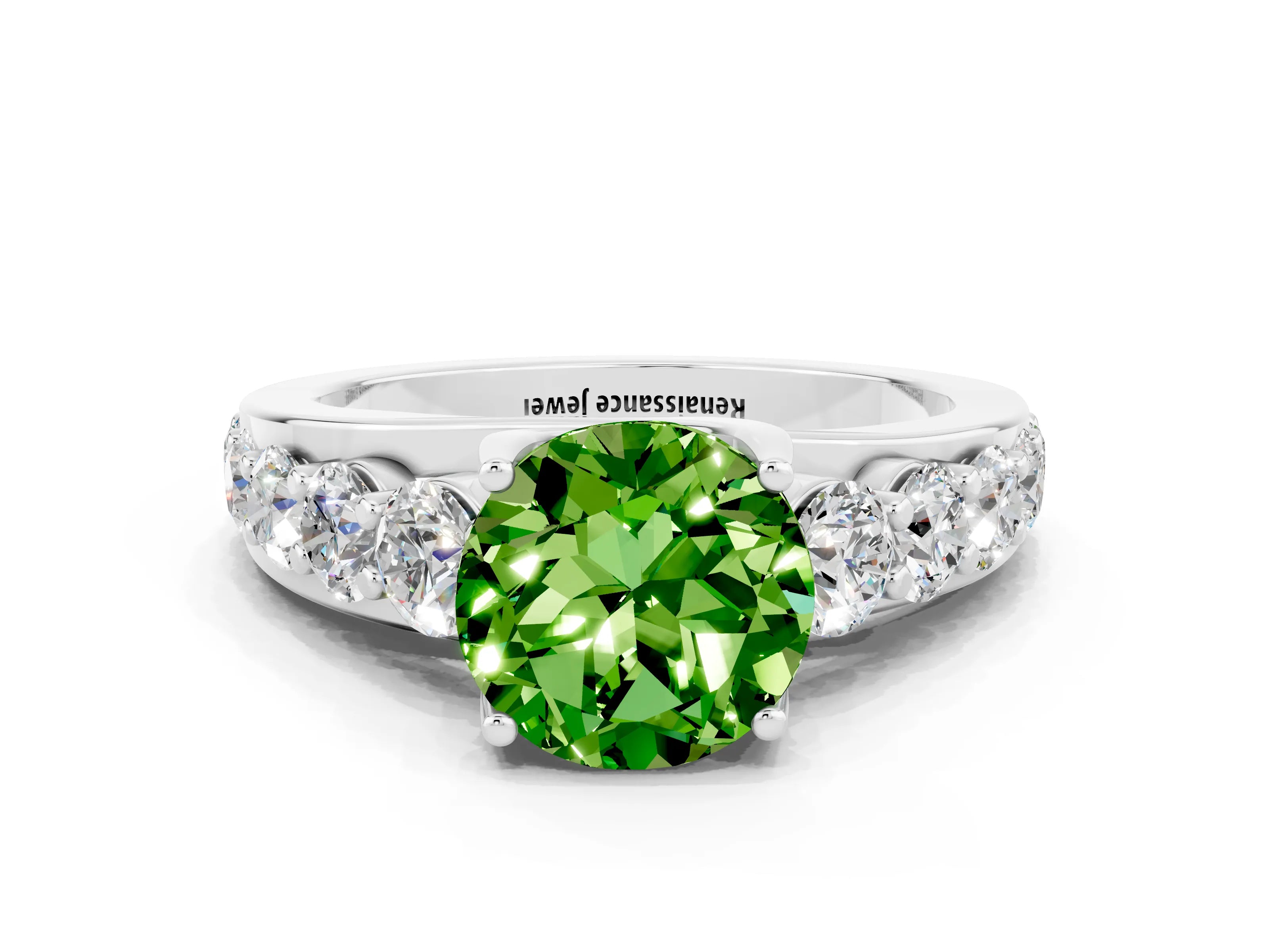 White gold Round Cut Peridot Engagement Ring with Pavé Band and Four-Prong Setting