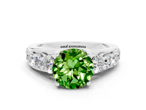 White gold Round Cut Peridot Engagement Ring with Pavé Band and Four-Prong Setting