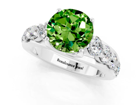 White gold Round Cut Peridot Engagement Ring with Pavé Band and Four-Prong Setting_1