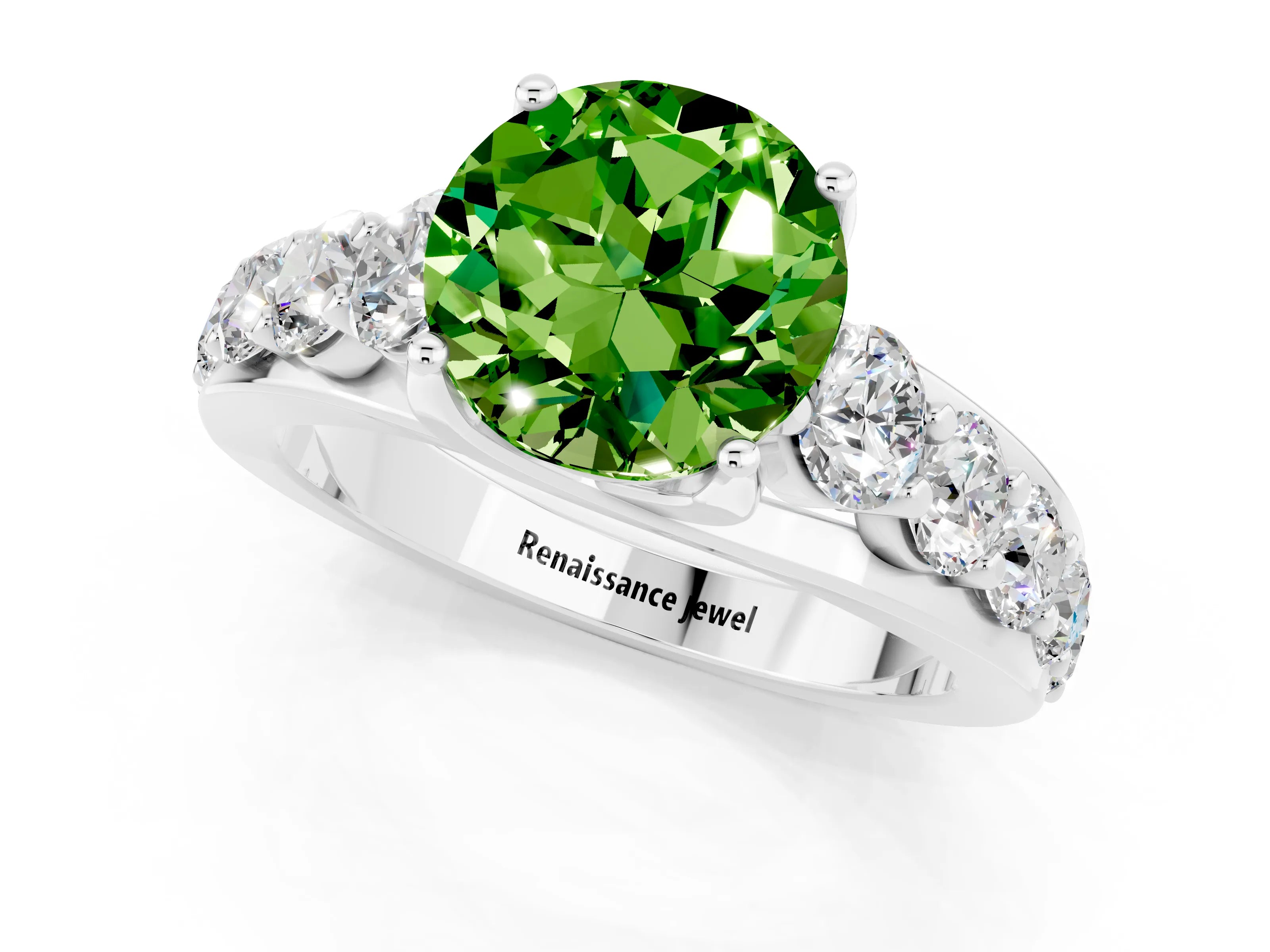 White gold Round Cut Peridot Engagement Ring with Pavé Band and Four-Prong Setting_1