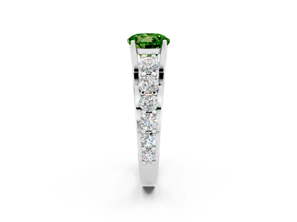 Silver Round Cut Peridot Engagement Ring with Pavé Band and Four-Prong Setting