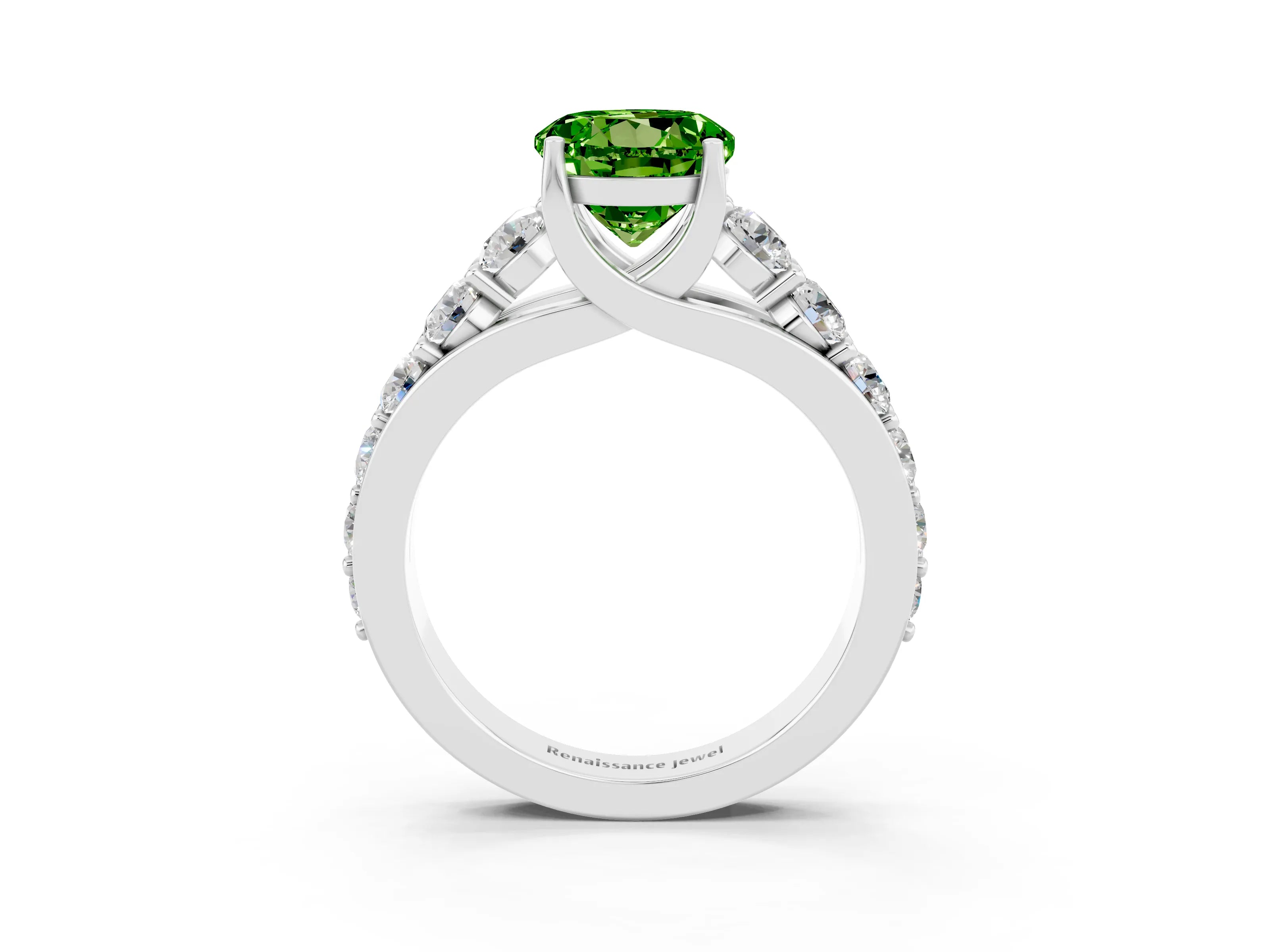 White gold Round Cut Peridot Engagement Ring with Pavé Band and Four-Prong Setting_3
