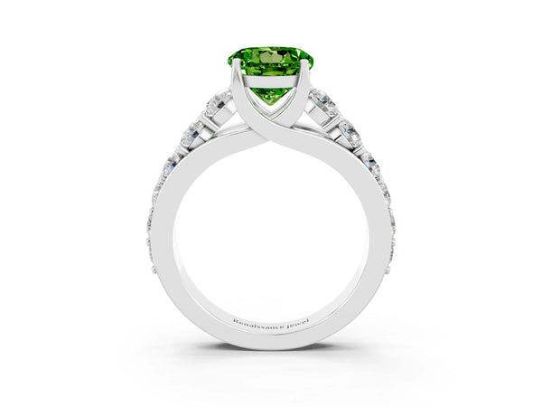 Platinum Round Cut Peridot Engagement Ring with Pavé Band and Four-Prong Setting