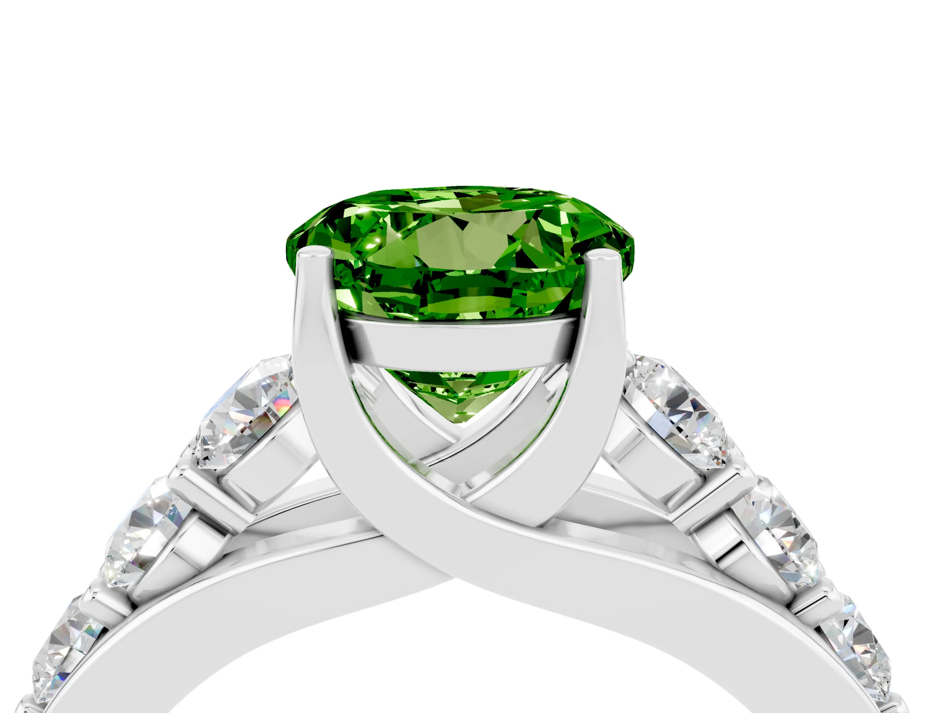 White gold Round Cut Peridot Engagement Ring with Pavé Band and Four-Prong Setting_4