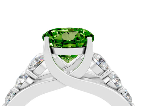 White gold Round Cut Peridot Engagement Ring with Pavé Band and Four-Prong Setting_4