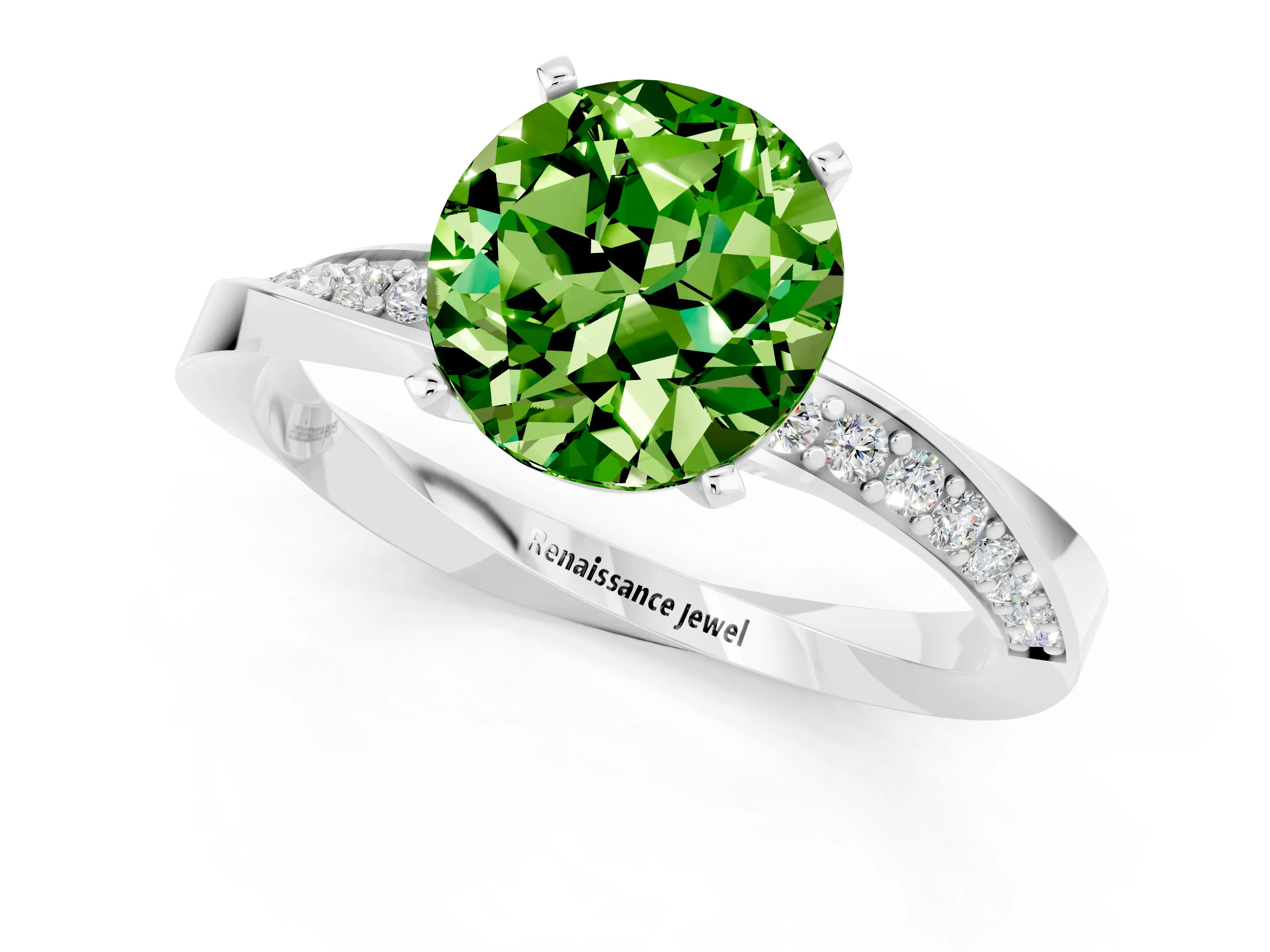 White gold Round Cut Peridot Engagement Ring with Side Stone Accents and Four-Prong Setting_28