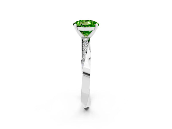 Silver Round Cut Peridot Engagement Ring with Side Stone Accents and Four-Prong Setting