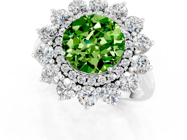 White gold Round Cut Peridot Floral Double Halo Engagement Ring with Prong Setting