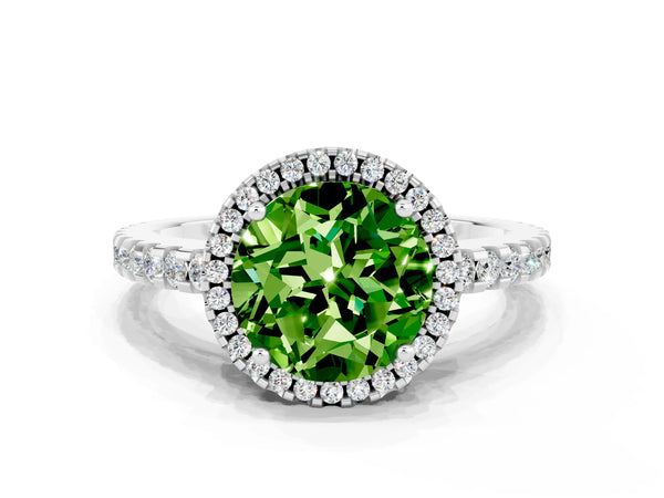 Silver Round Cut Peridot Halo Engagement Ring with Pavé Band and Prong Setting
