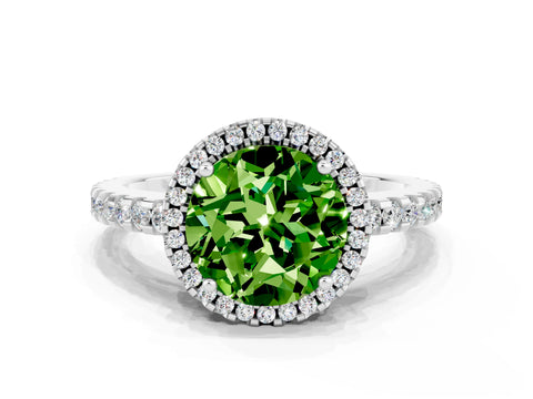 White gold Round Cut Peridot Halo Engagement Ring with Pavé Band and Prong Setting_12