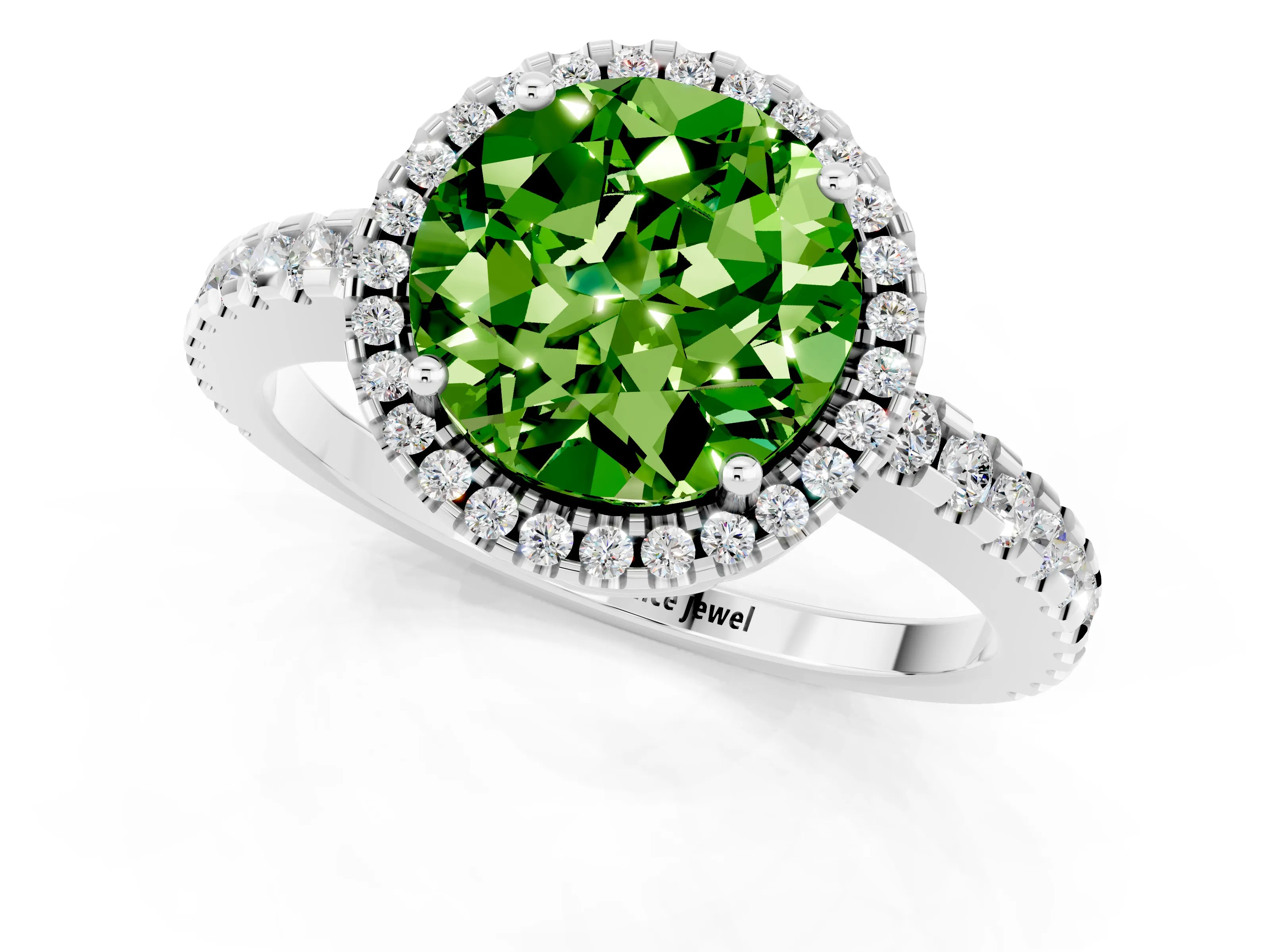White gold Round Cut Peridot Halo Engagement Ring with Pavé Band and Prong Setting_13