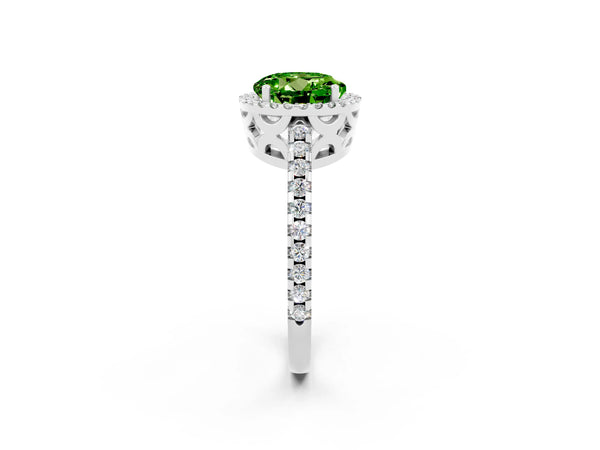 Platinum Round Cut Peridot Halo Engagement Ring with Pavé Band and Prong Setting