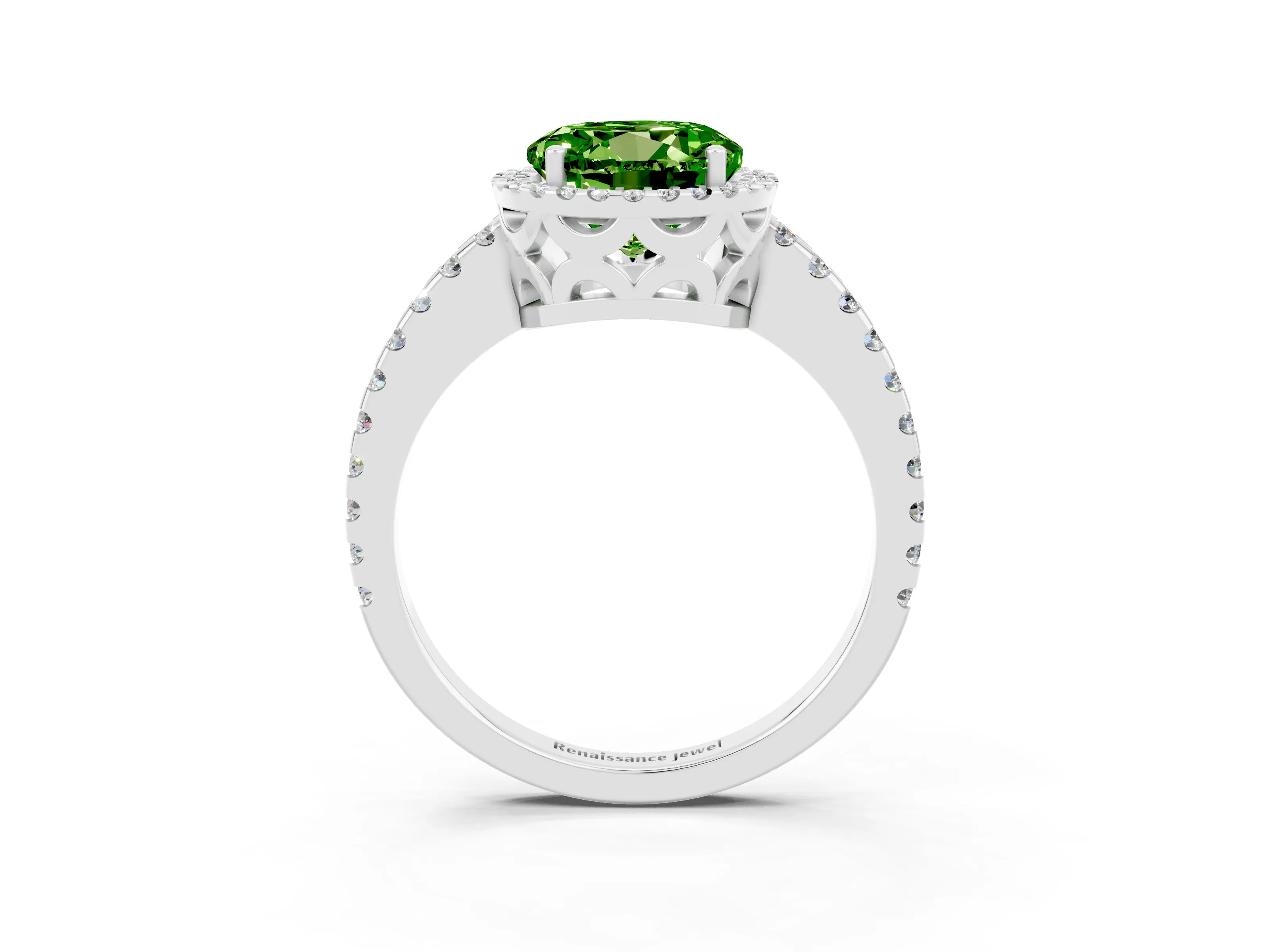 White gold Round Cut Peridot Halo Engagement Ring with Pavé Band and Prong Setting_15